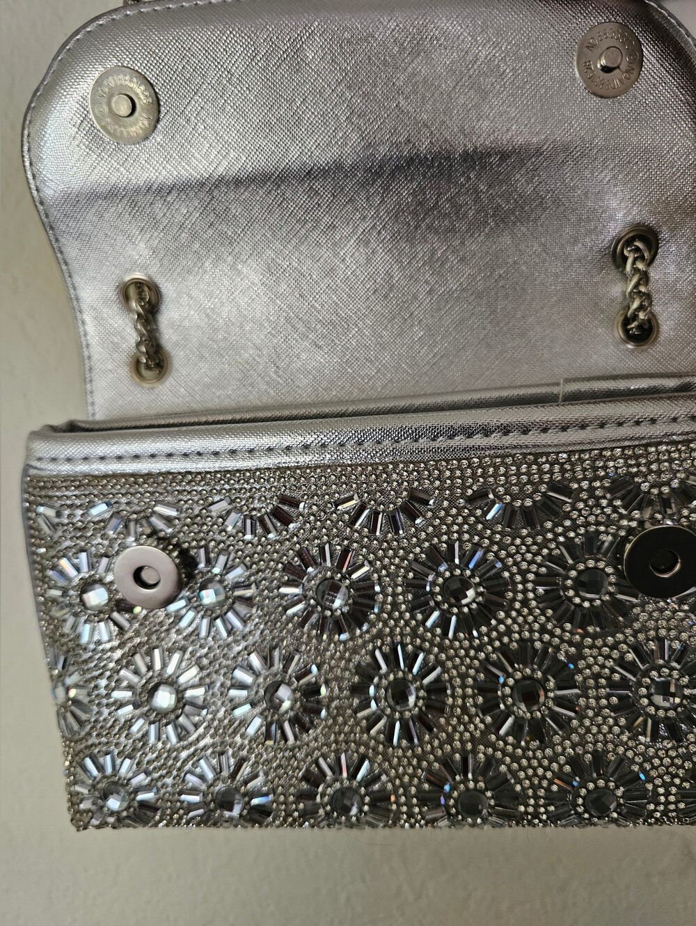 Rhinestone Embellished Silver Evening Clutch with Chain - Picture 3 of 11